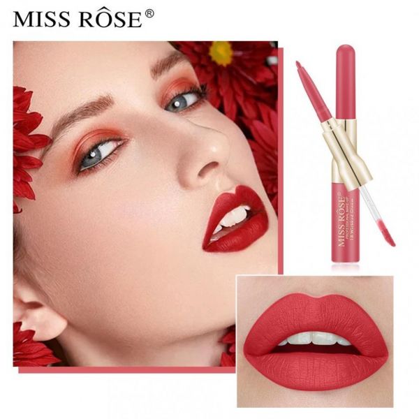 MISS ROSE 2 IN 1 Waterproof matte gloss + lip pencil, tone 17
